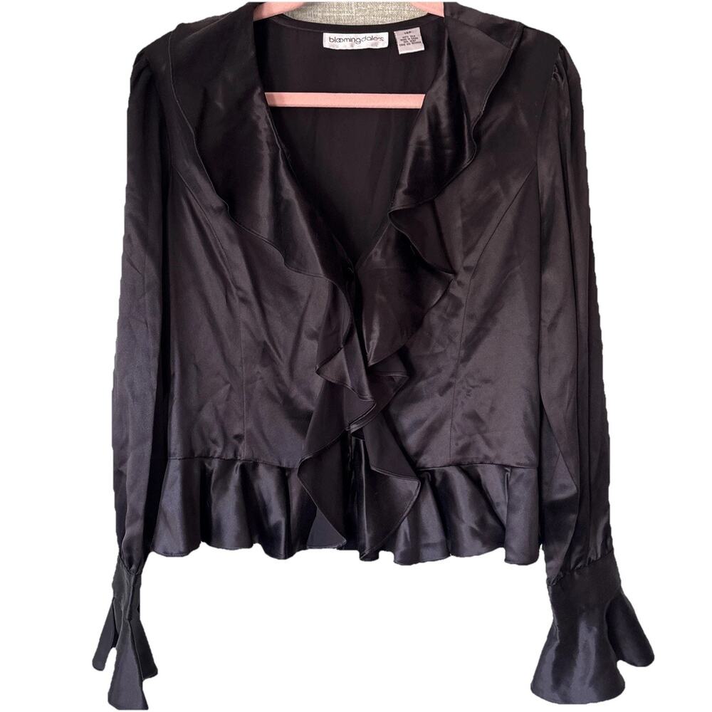 VTG Bloomingdale’s Black 100% Silk Ruffle Blouse Y2K Romantic Bell Sleeve Sz 14P